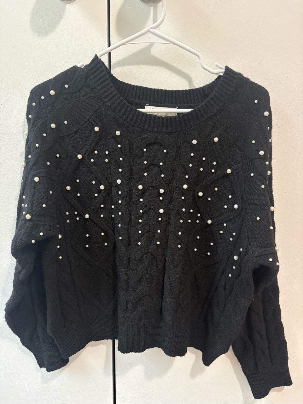Francesca's Collections Black Pearl-Studded Cable Crewneck Sweater